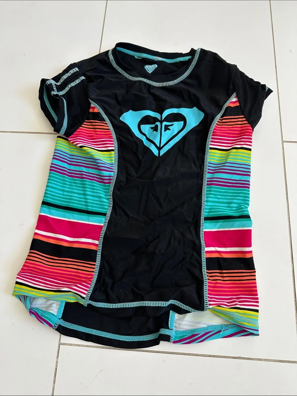 Roxy Black Rashguard with Turquoise Logo & Multi-Color Stripes girls 6